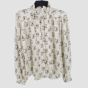 Tulip B Womens XL French Bulldog Dog Print Tie Neck Blouse Cream EBJT248 New